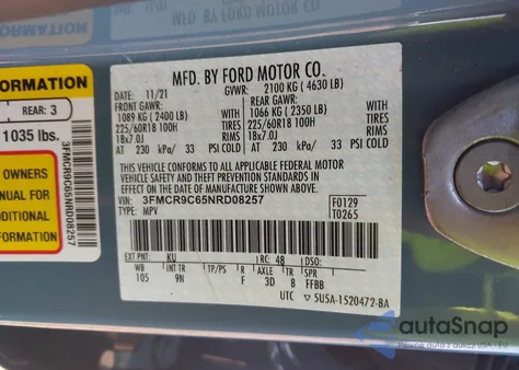 2022 Ford Bronco Sport Outer Banks z USA, uszkodzony, nr VIN 3FMCR9C65NRD08257